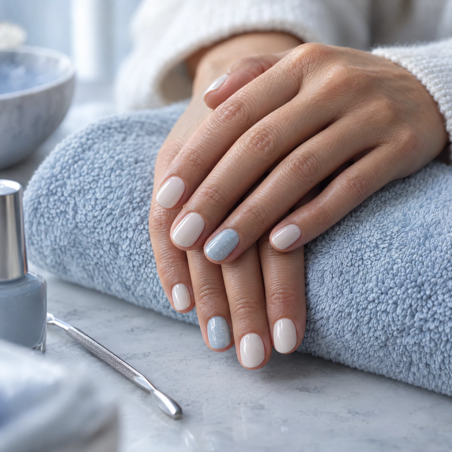 Illustrative pearl-white manicure with an icy-blue accent on a powder-blue spa towel