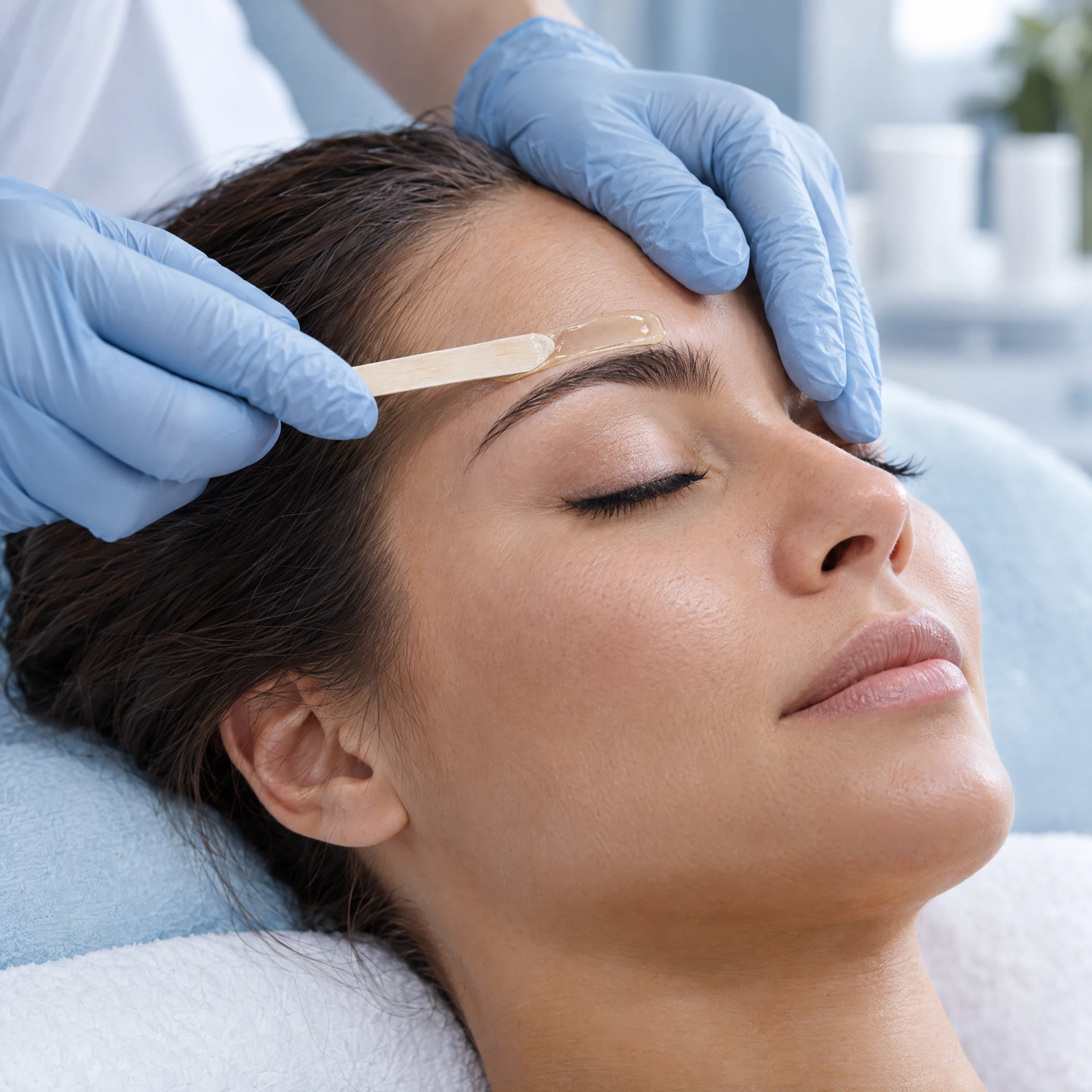 Illustrative professional eyebrow waxing care with blue gloves and white spa linens