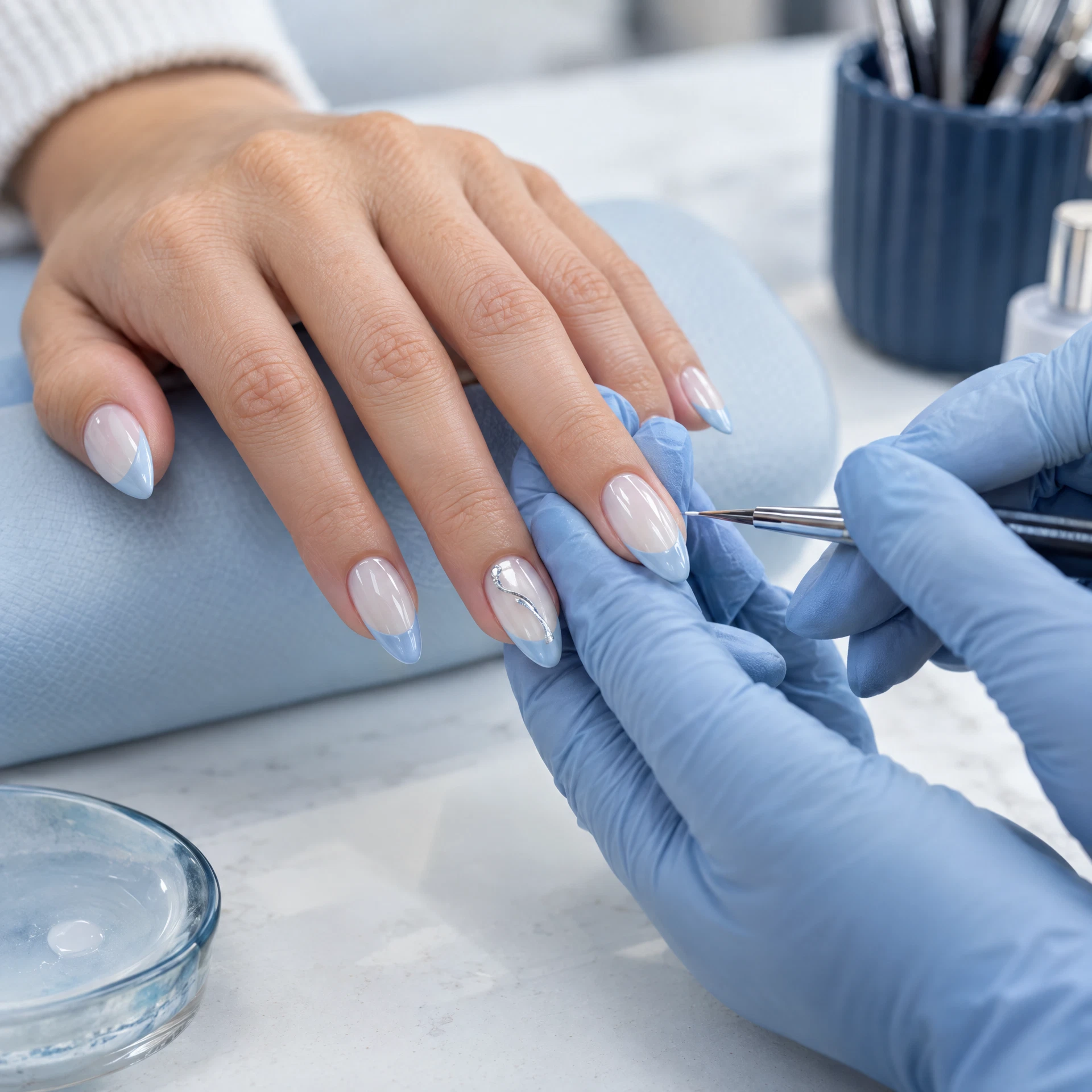 Illustrative almond-shaped gel nail enhancements in pearl white and icy-blue French tips